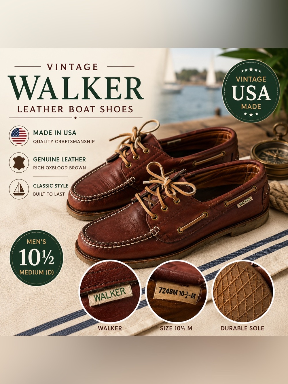Vintage Walker USA Leather Boat Shoes Men’s 10.5 Oxblood Made USA